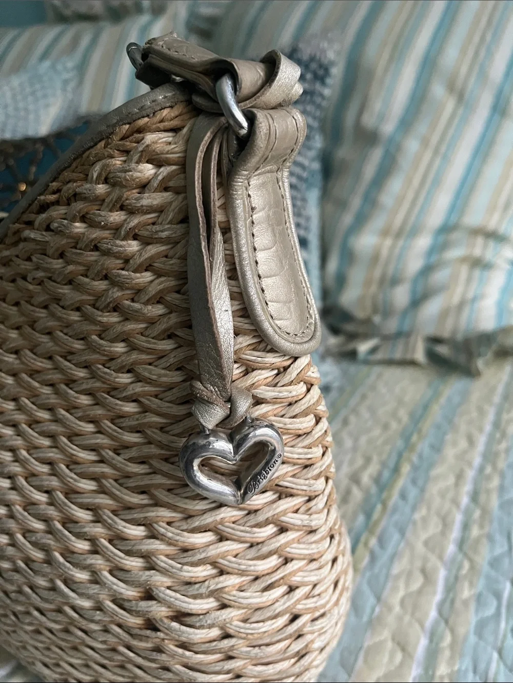 Brighton Woven Straw Shoulder Bag with Silver Trim